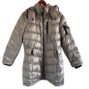 Y2K Andrew Marc XXL Metallic Hooded Down Puffer Coat 650 Fill Taupe Minimalist